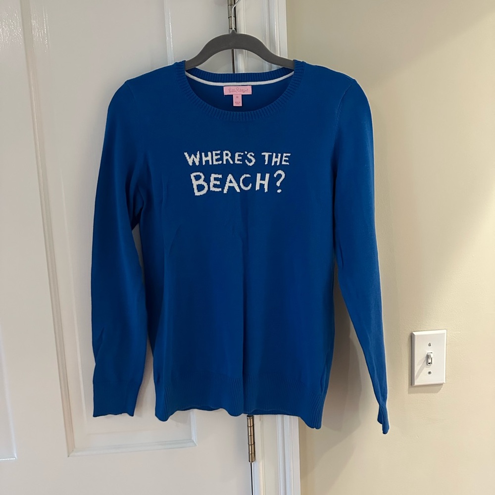 Blue Sweater with Beach Text EXCELLENT CONDITION
